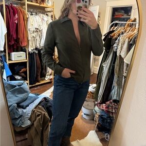 Y2K Olive Green Zip-Up Shirt Jacket